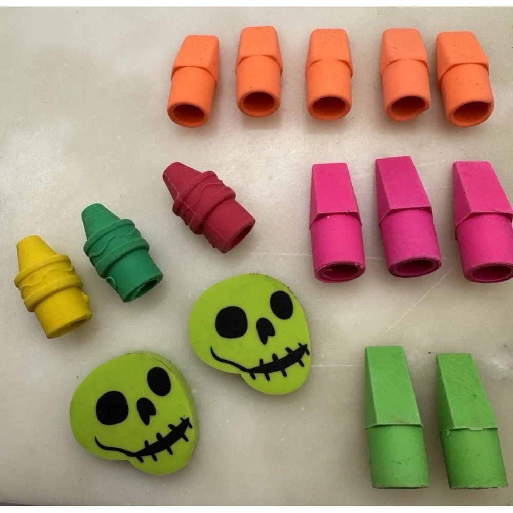 Pencil Top Erasers Lot Teacher Reward Box Novelty Skull Crayon Erasers Pink Pear